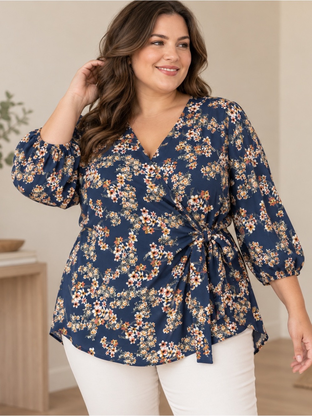 West Kei Plus Size 3X Navy Floral Wrap Tie Waist Tunic Blouse